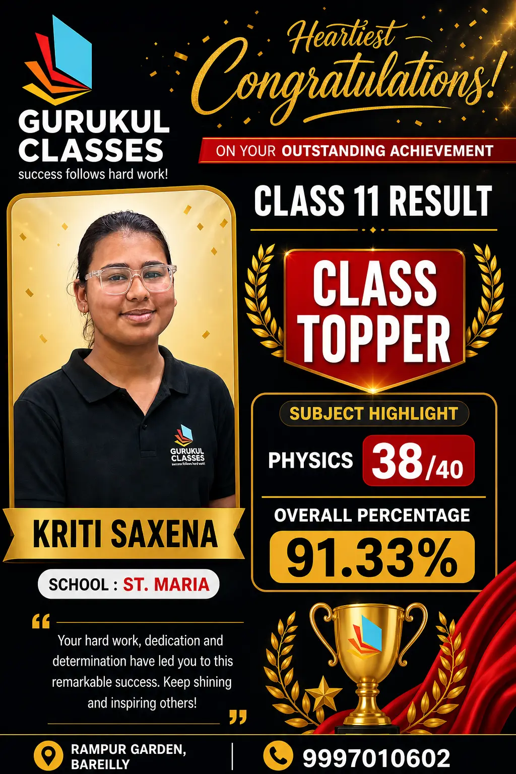 Kriti Saxena, St. Maria — Class 11 class topper with 91.33% and 38/40 in Physics