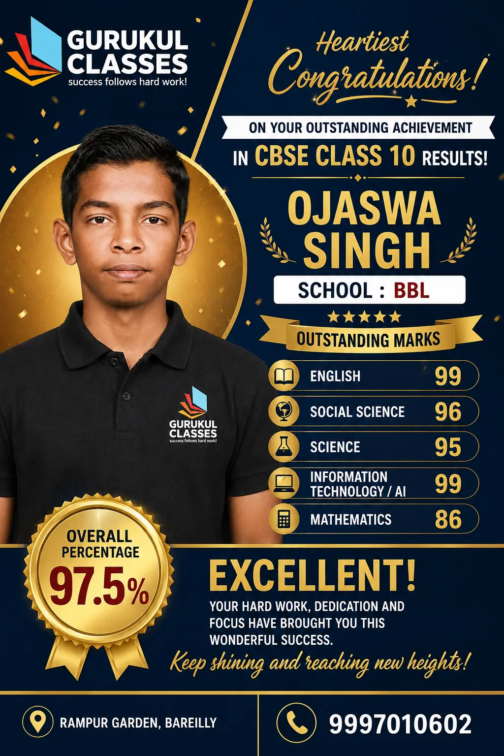 Ojaswa Singh, BBL — 97.5% in CBSE Class 10 with 99 in English and 95 in Science