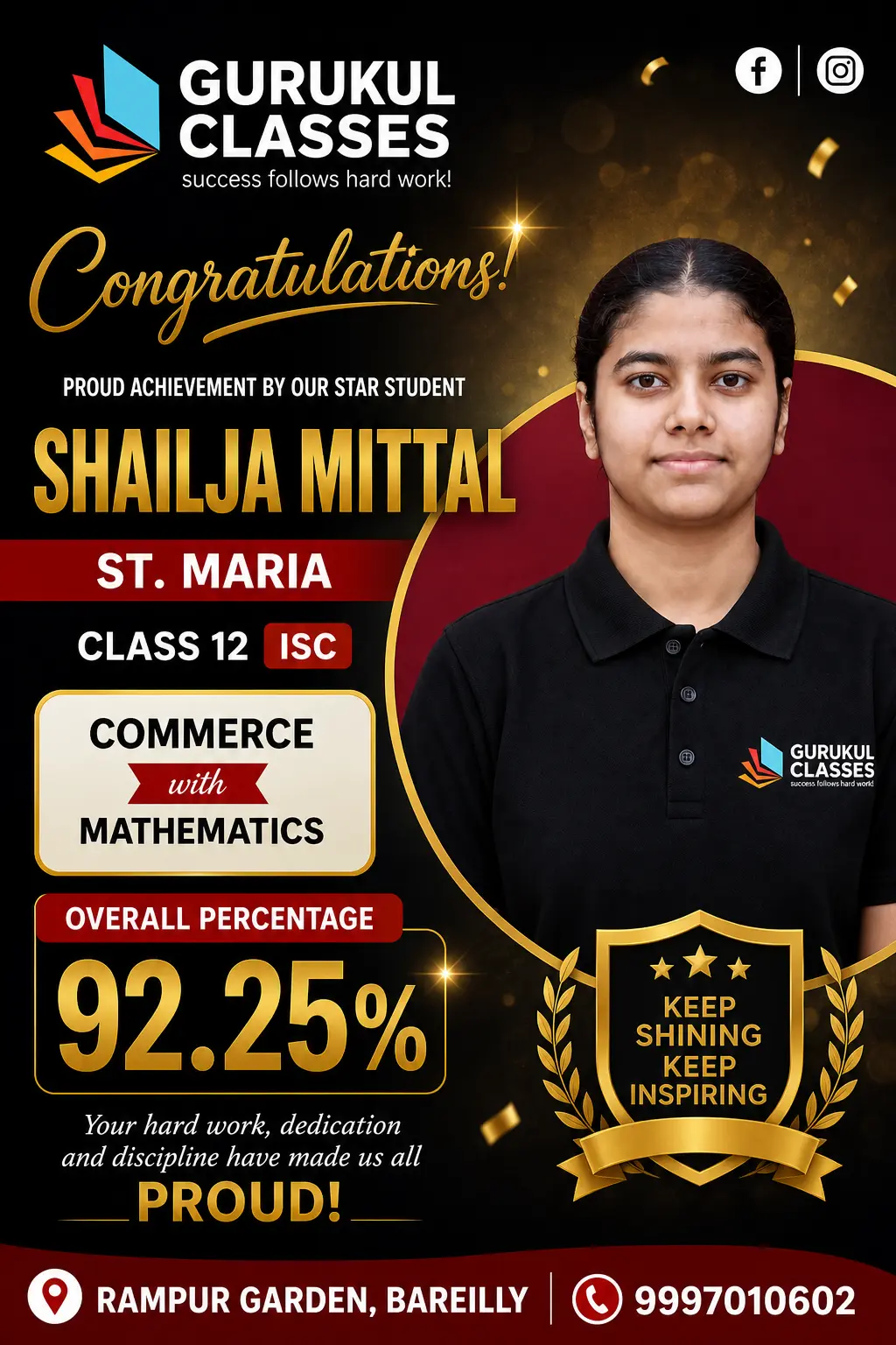 Shailja Mittal, St. Maria — 92.25% in ISC Class 12 Commerce with Mathematics