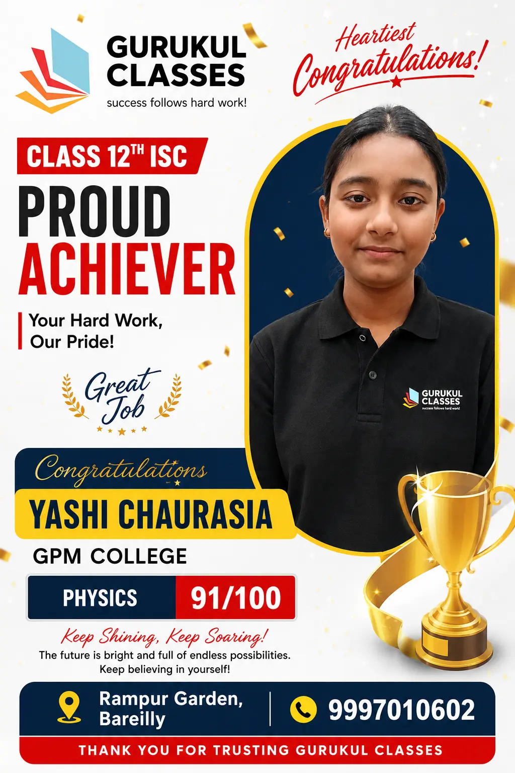 Yashi Chaurasia, GPM College — ISC Class 12 achiever with 91 in Physics