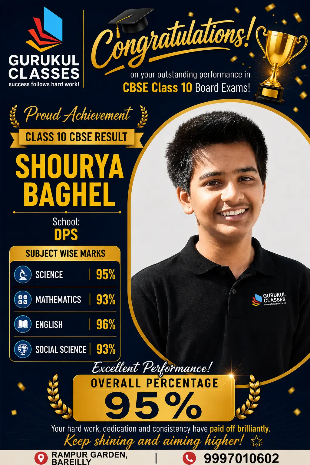Shourya Baghel, DPS — 95% in CBSE Class 10 with 96 in English and 95 in Science