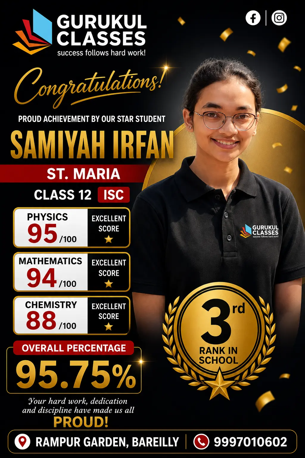 Samiyah Irfan, St. Maria — 95.75% in ISC Class 12 with 95 in Physics and 3rd rank in school