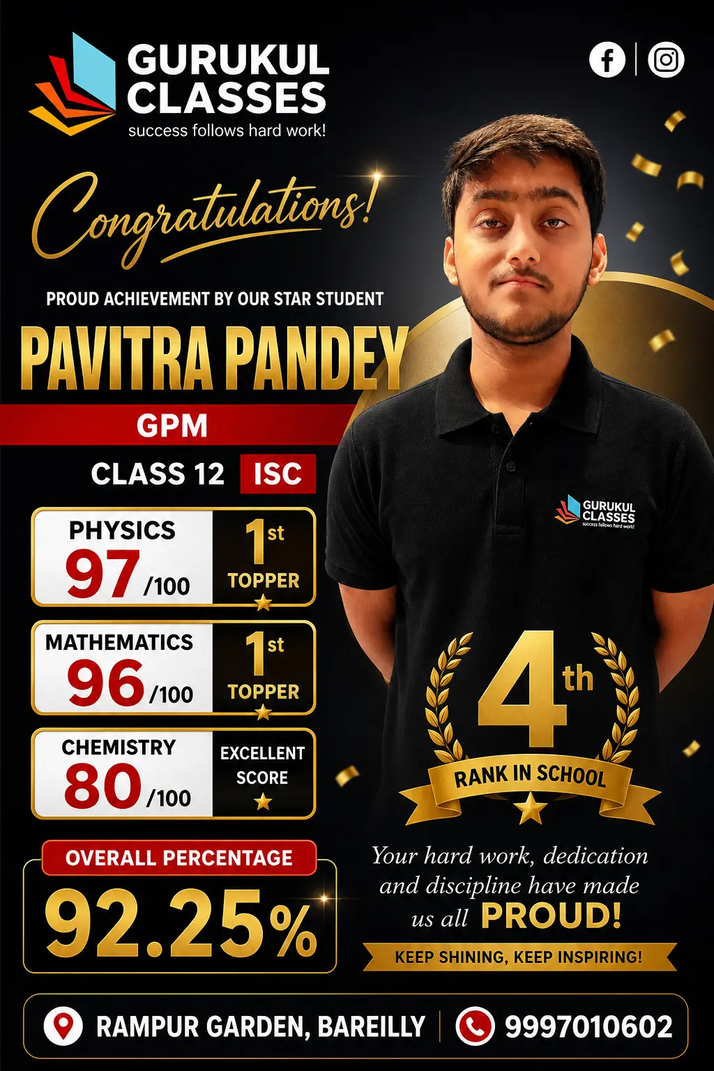 Pavitra Pandey, GPM — 92.25% in ISC Class 12, school topper in Physics (97) and Maths (96)