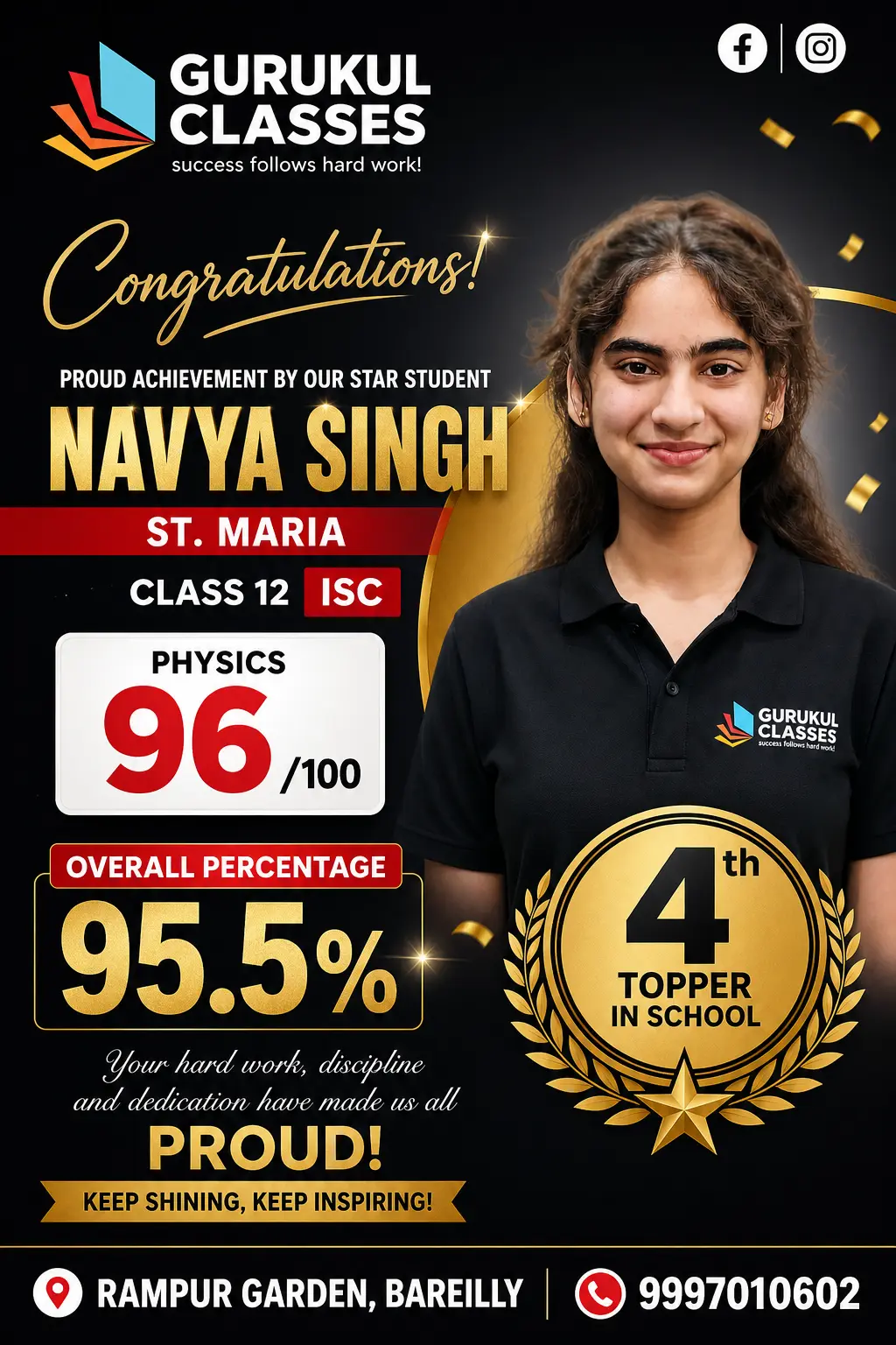 Navya Singh, St. Maria — 95.5% in ISC Class 12 with 96 in Physics and 4th rank in school