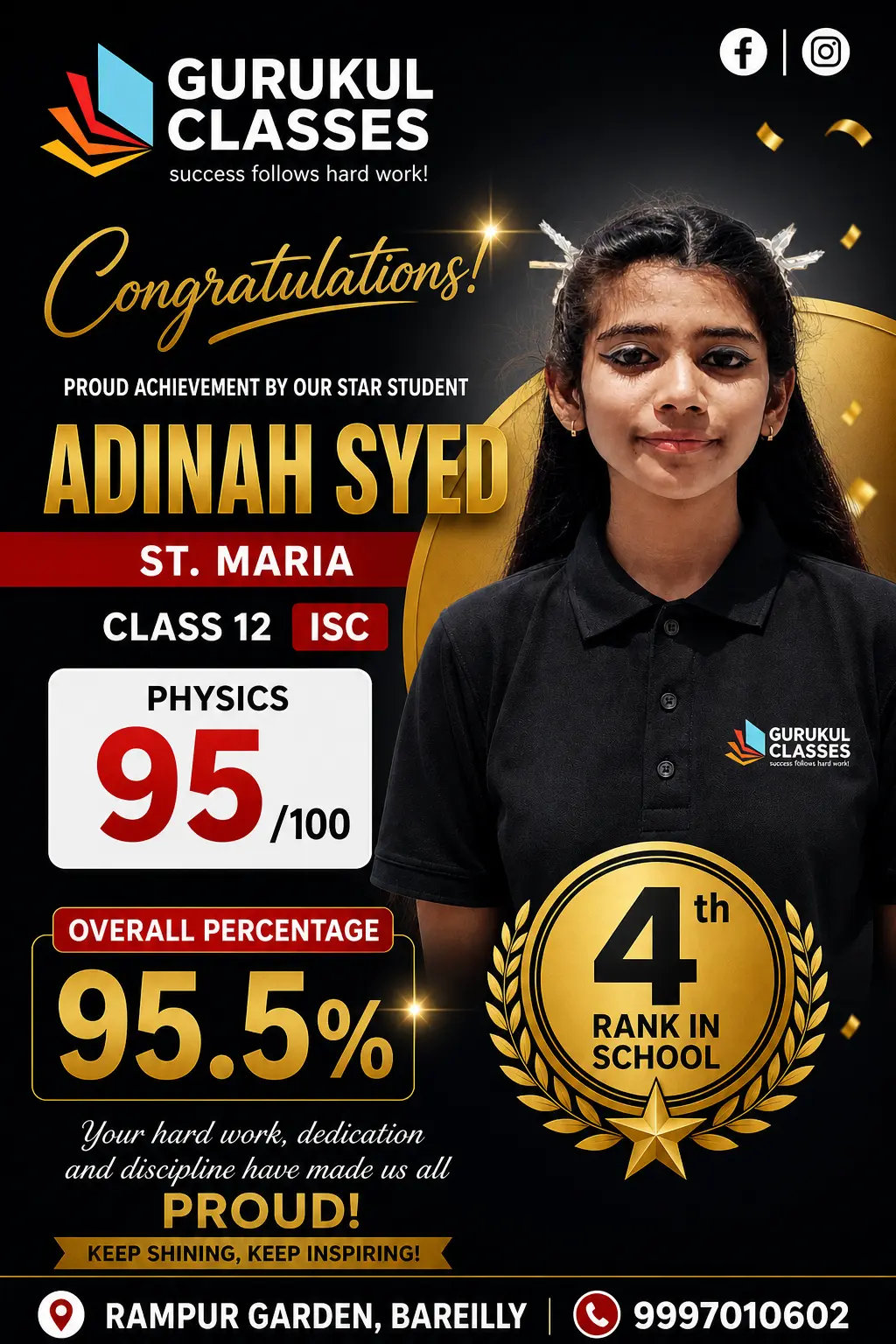 Adinah Syed, St. Maria — 95.5% in ISC Class 12 with 95 in Physics and 4th rank in school