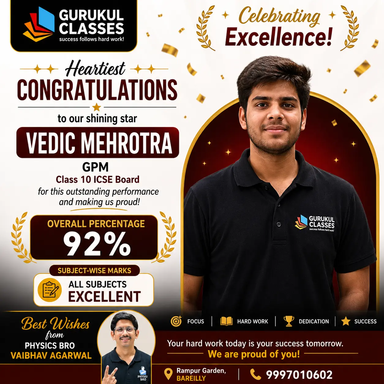 Vedic Mehrotra, GPM — 92% in ICSE Class 10 with excellent marks in all subjects