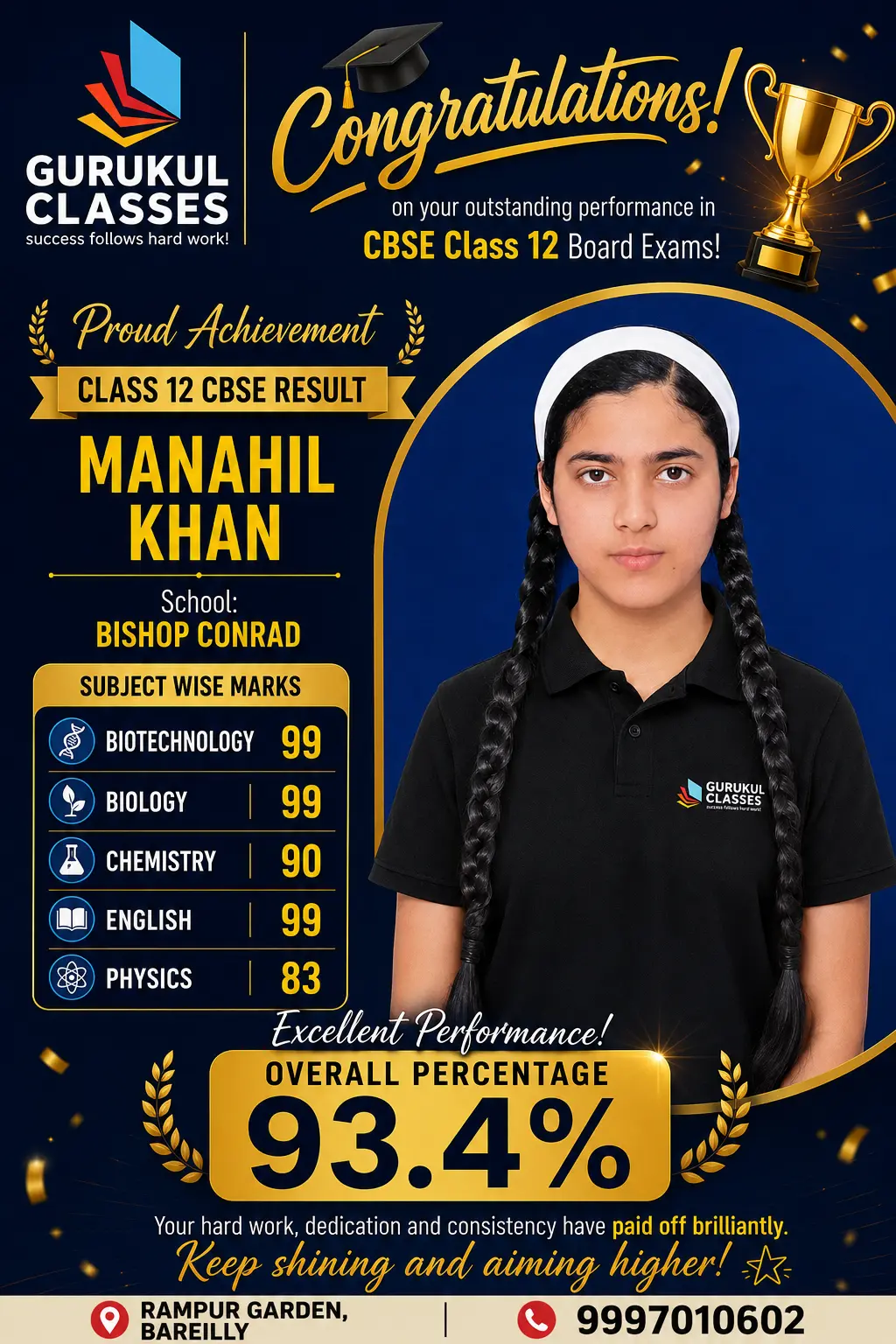 Manahil Khan, Bishop Conrad — 93.4% in CBSE Class 12 with 99 in Biotechnology, Biology and English