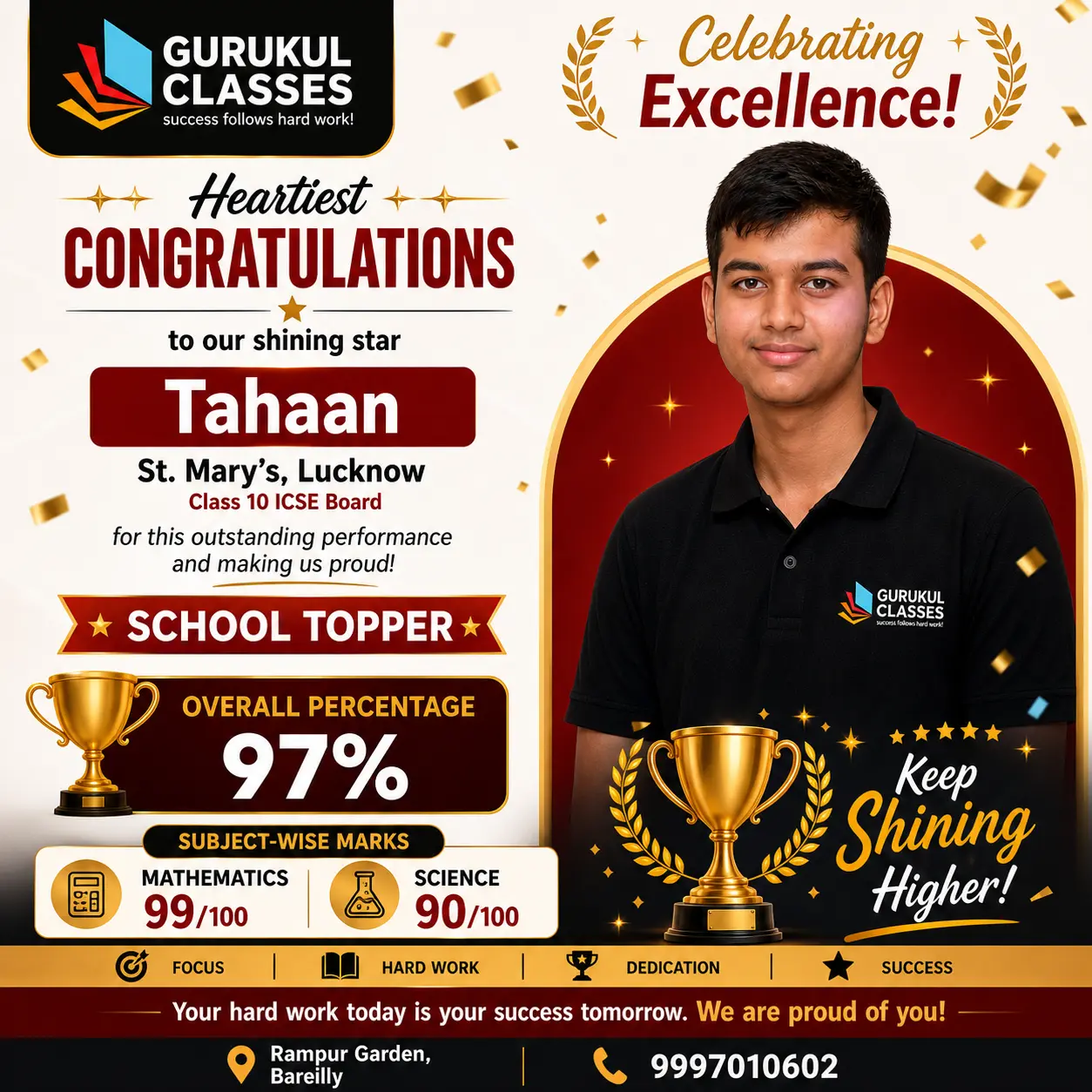 Tahaan, St. Mary's Lucknow — school topper with 97% in ICSE Class 10 and 99 in Maths